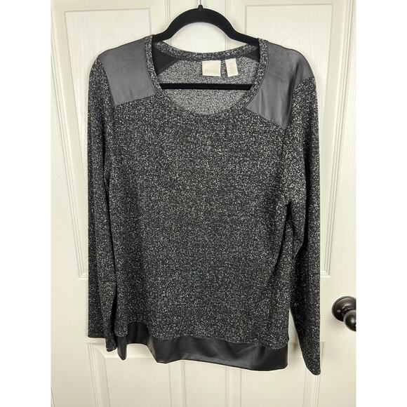 Chico's Size 2 US Large Black Silver Metallic Sweater Faux Leather Shoulders - Picture 4 of 9